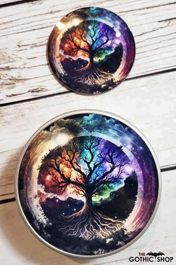 Tree of Life Celetial Neon Gothic Print Keepsake Round Tin and coaster