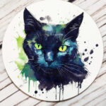 Watercolour Black Cat Gothic Print 9cm Round Glossy Coaster