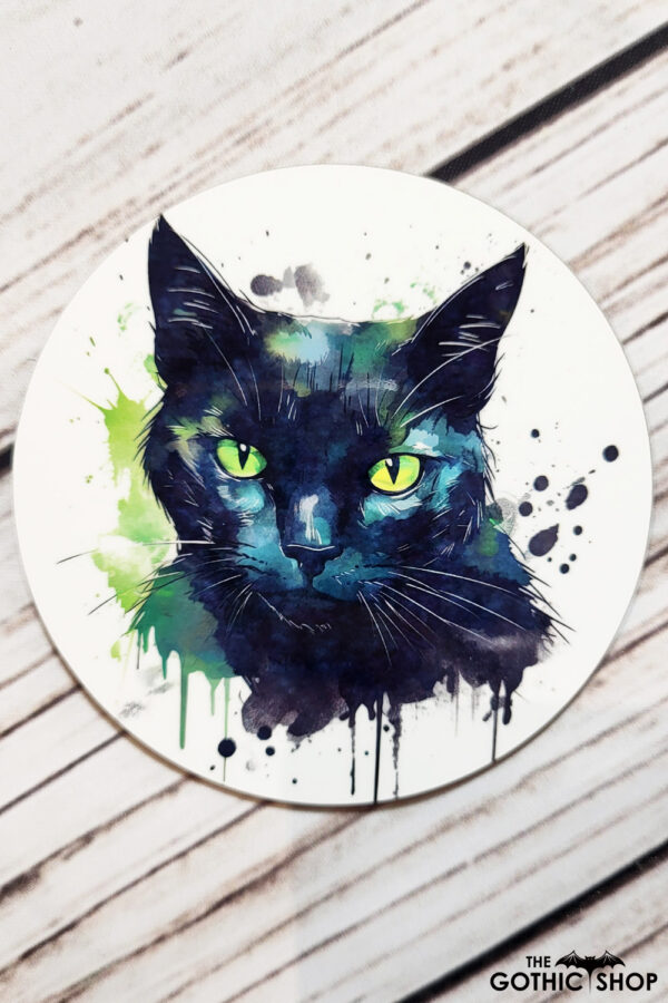 Watercolour Black Cat Gothic Print 9cm Round Glossy Coaster