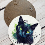 Watercolour Black Cat Gothic Print 9cm Round Glossy Coaster