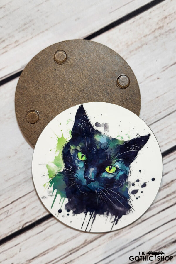 Watercolour Black Cat Gothic Print 9cm Round Glossy Coaster