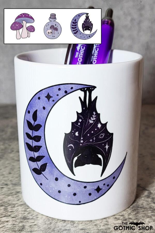 Mystical Bat Moon & Mushrooms Gothic Print Pen Pot