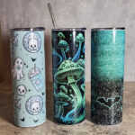 Green Gothic Print Skinny Tumblers including ghosts, mushrooms and bats,