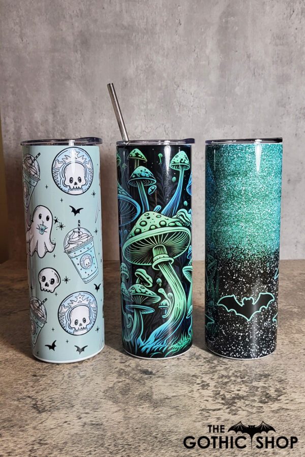 Green Gothic Print Skinny Tumblers including ghosts, mushrooms and bats,