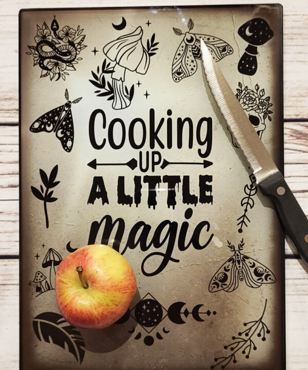 Cooking Up Magic Mystical Witchy Gothic Print Glass Chopping Board