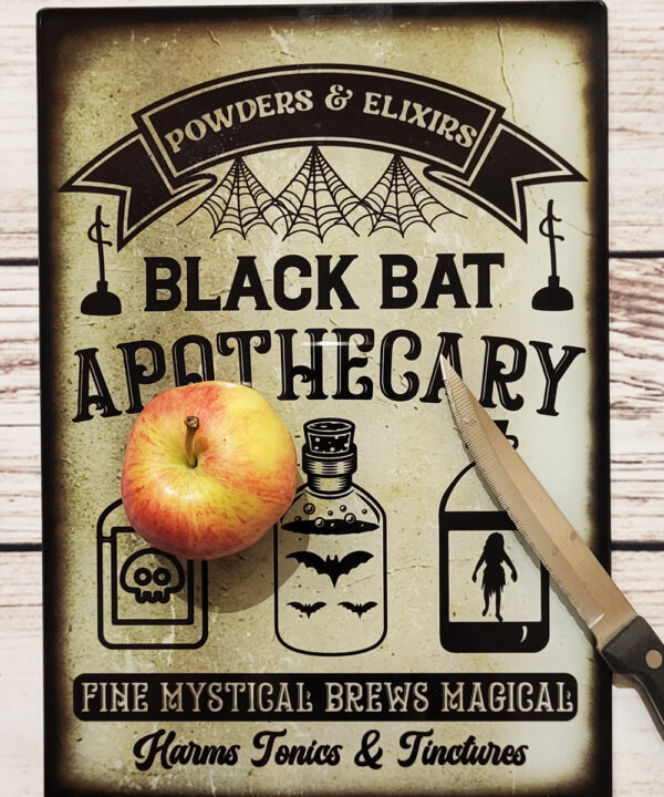 Bat Apothecary Witchy Gothic Print Glass Chopping Board