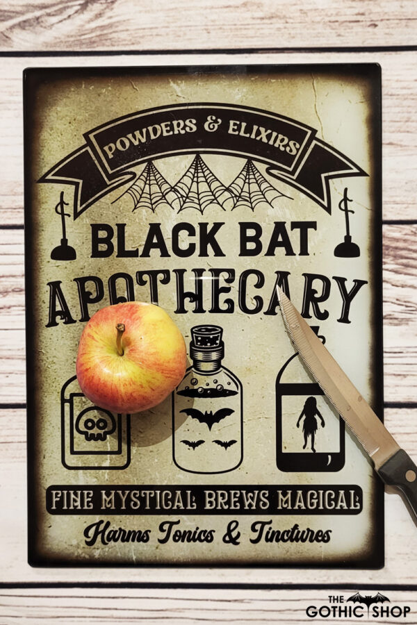 Bat Apothecary Witchy Gothic Print Glass Chopping Board