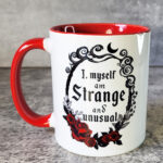Strange Unusual Gothic Print Ceramic Mug with Red Handle