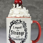 Strange Unusual Gothic Print Ceramic Mug with Red Handle