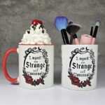 Strange Unusual Gothic Print Ceramic Mug with Red Handle and pen or brush pot