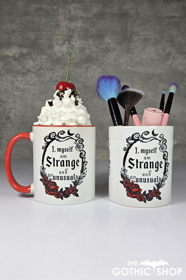 Strange Unusual Gothic Print Ceramic Mug with Red Handle and pen or brush pot