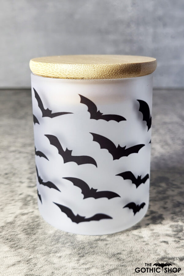 Flying Bats Gothic Witchy Little Frosted Glass Jar