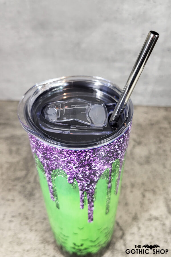 Bats Purple Green Glitter Gothic Print Skinny Tumbler