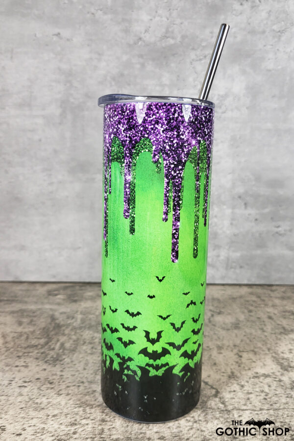 Bats Purple Green Glitter Gothic Print Skinny Tumbler