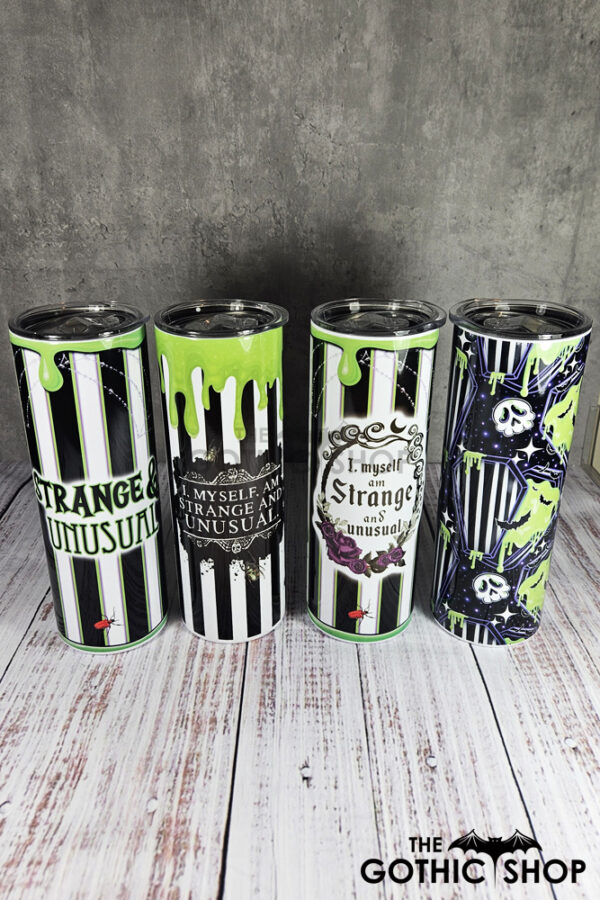 Strange Unusual Green Slime, Roses & Stripe Gothic Print Skinny Tumblers