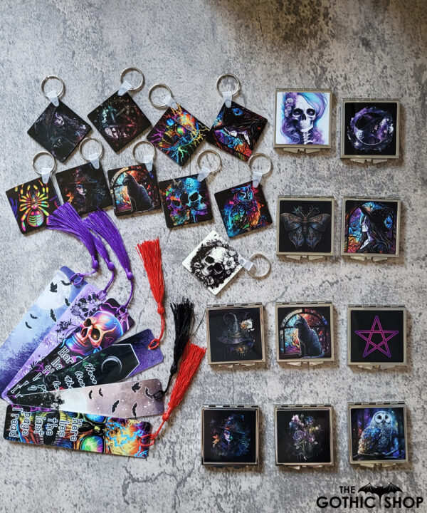Gothic gifts including compact mirrors. keyrings and bookmarks
