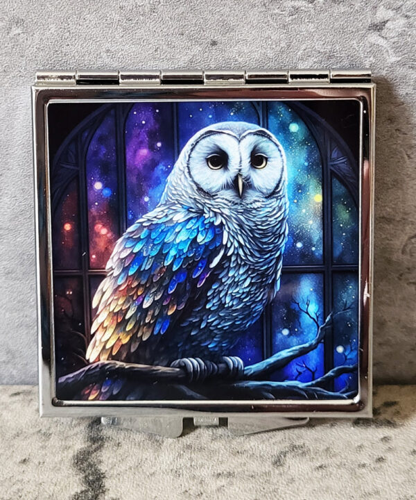 Owl Stained Glass Window Gothic Print Slim Silver Square Compact Mirror