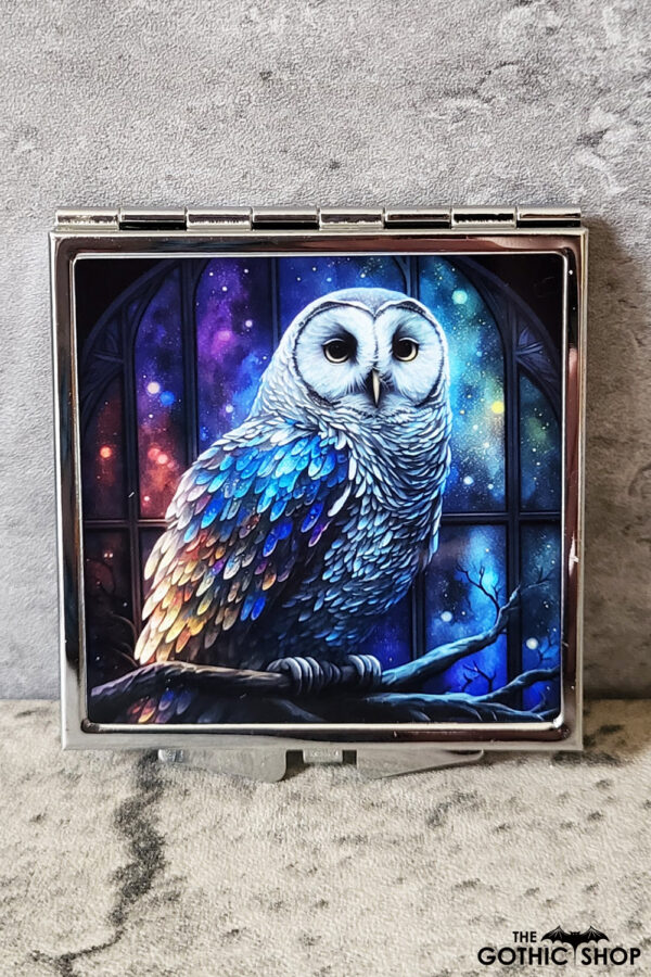 Owl Stained Glass Window Gothic Print Slim Silver Square Compact Mirror