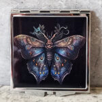 Antique Moth Gothic Print Slim Silver Square Compact Mirror