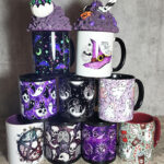 Gothic spooky mugs including ghosts, skulls, demon cats and bats.