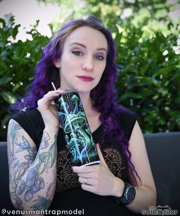 Gothic model VenusMantrap with our trippy mushroom tumbler.