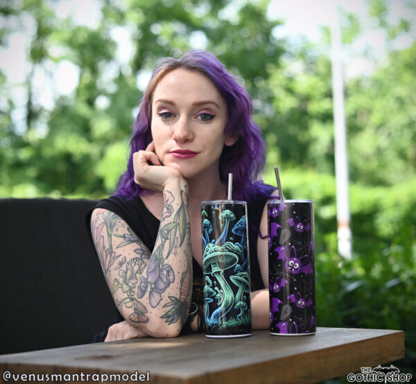 Gothic model VenusMantrap with our trippy mushroom tumbler and bats and cobwebs tumbler.