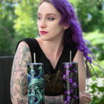 Gothic model VenusMantrap with our trippy mushroom tumbler and bats and cobwebs tumbler.
