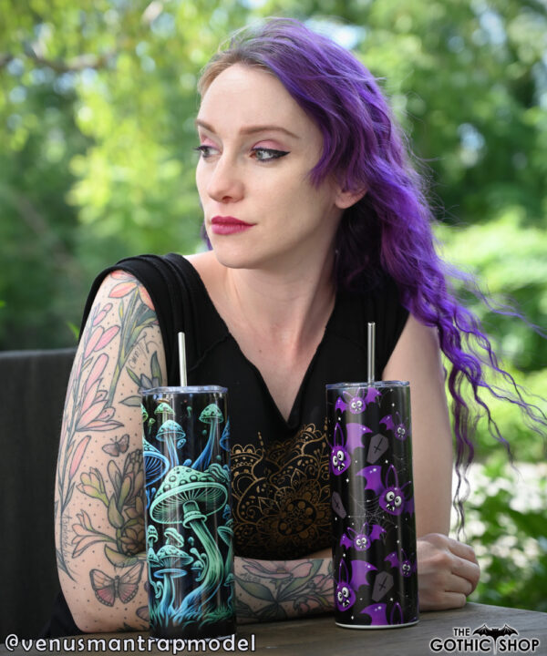Gothic model VenusMantrap with our trippy mushroom tumbler and bats and cobwebs tumbler.