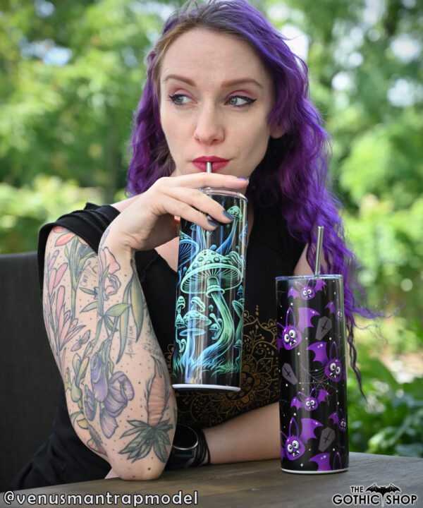 Gothic model VenusMantrap with our trippy mushroom tumbler and bats and cobwebs tumbler.