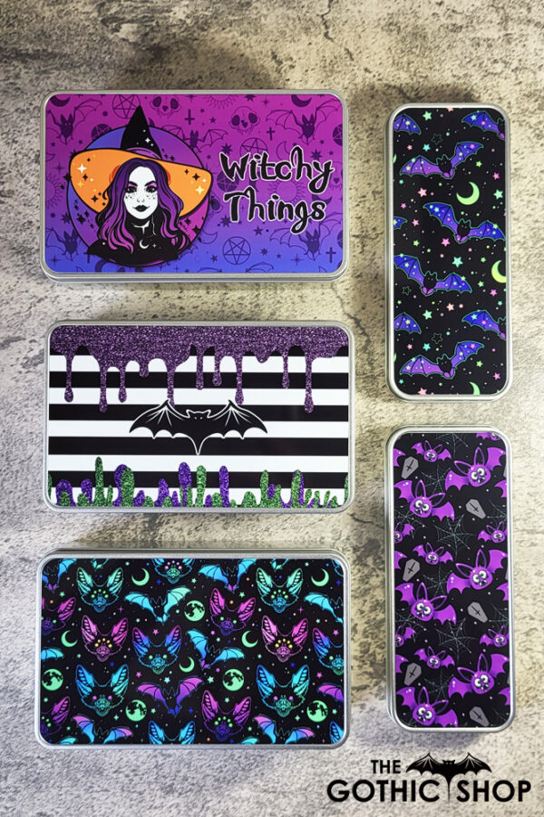 Witchy and gothic tins for treats and pencils
