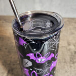 Purple Bats & Cobwebs Gothic Halloween Print Skinny Tumbler