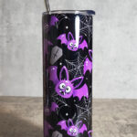 Purple Bats & Cobwebs Gothic Halloween Print Skinny Tumbler