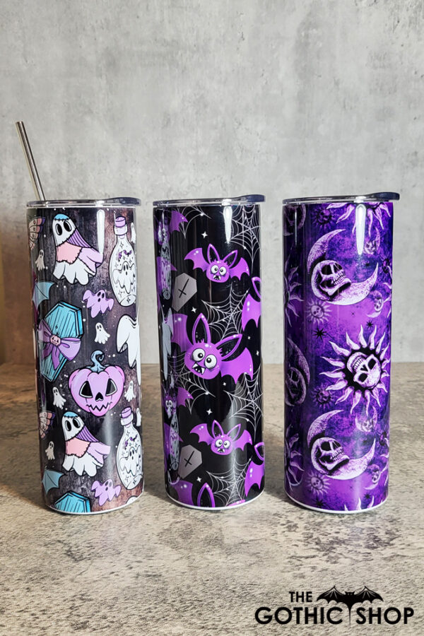 Purple gothic print tumblers including ghosts, bats and skull moons and sun.