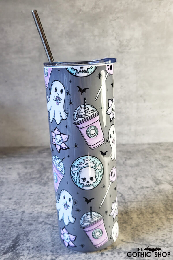 Ghostbucks Ghostie Grey Gothic Print Skinny Tumbler