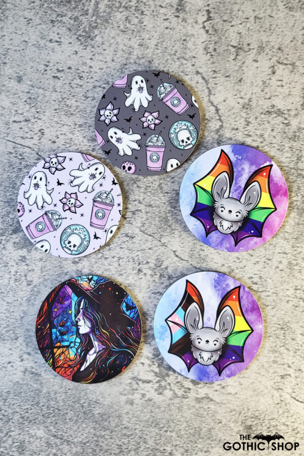 Pride Flag Bats, Witch and ghosties 9cm Round Glossy Coasters