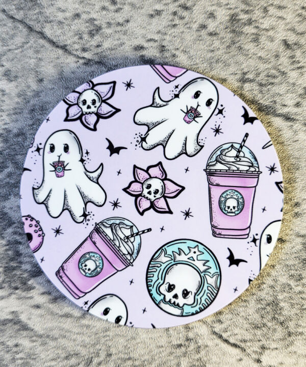 Ghostbucks Ghostie Lavendar Gothic Print 9cm Round Glossy Coaster