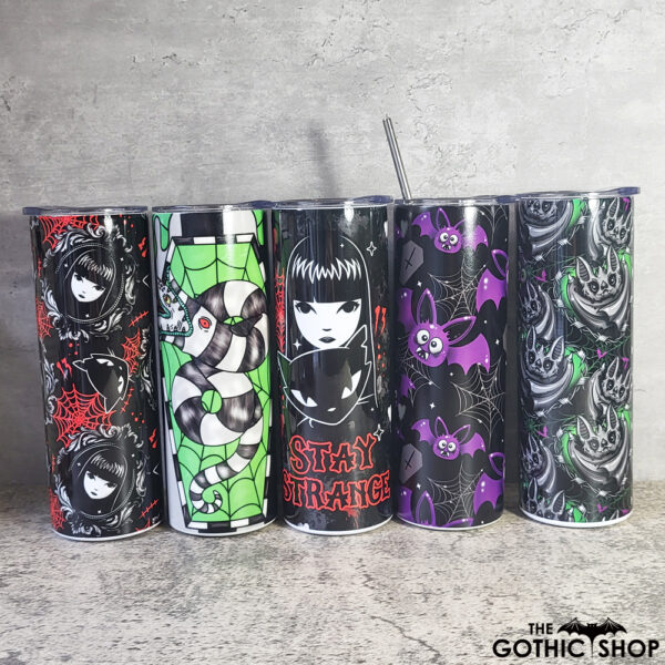 Gothic tumblers including purple and grey bats, and stay strange gothic girl