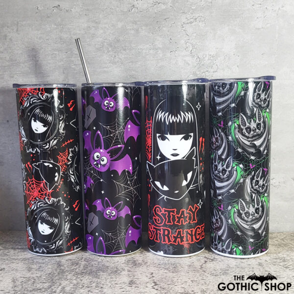 Gothic tumblers including purple and grey bats, and stay strange gothic girl