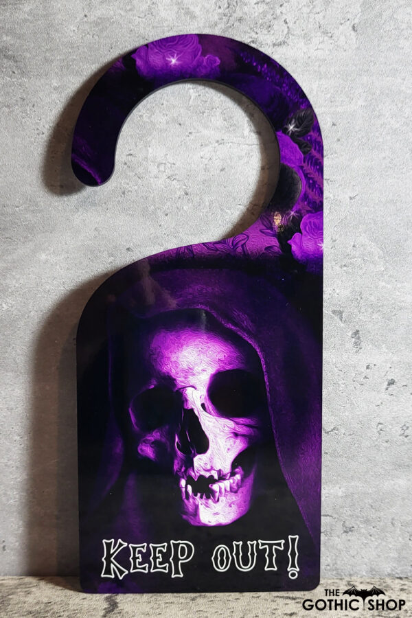 Hooded Purple Skull "Keep Out" Gothic Door Hanger