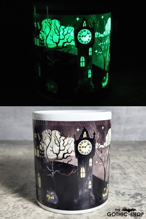 Spooky Halloween Village Scene Glow in the Dark Ceramic Mug