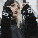 gothic knitted skull and crossbones fingerless gloves