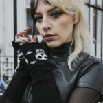 gothic knitted skull and crossbones fingerless gloves