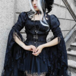 Gothic model Hekate wears the Octavie Off Shoulder Black Gothic Prom Dress, Nathalia Bolero and Black Brocade waspie corset.