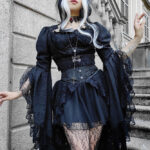 Gothic model Hekate wears the Octavie Off Shoulder Black Gothic Prom Dress, Nathalia Bolero and Black Brocade waspie corset.