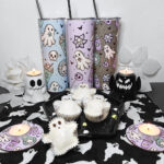 Ghostbucks tumblers and coasters in a display by Valentinescorpse.