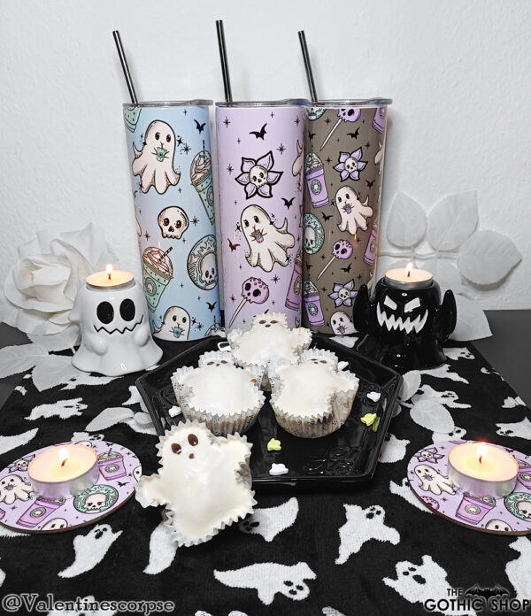 Ghostbucks tumblers and coasters in a display by Valentinescorpse.