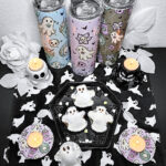 Ghostbucks tumblers and coasters in a display by Valentinescorpse.