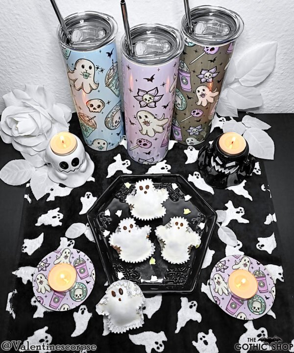 Ghostbucks tumblers and coasters in a display by Valentinescorpse.
