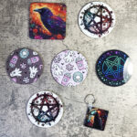 Gothic and witchy coasers including pentagrams, raven and ghosts