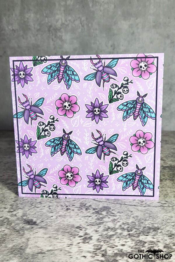 Moths Beetles & Skull Flowers Lilac Pastel Goth Greetings Card